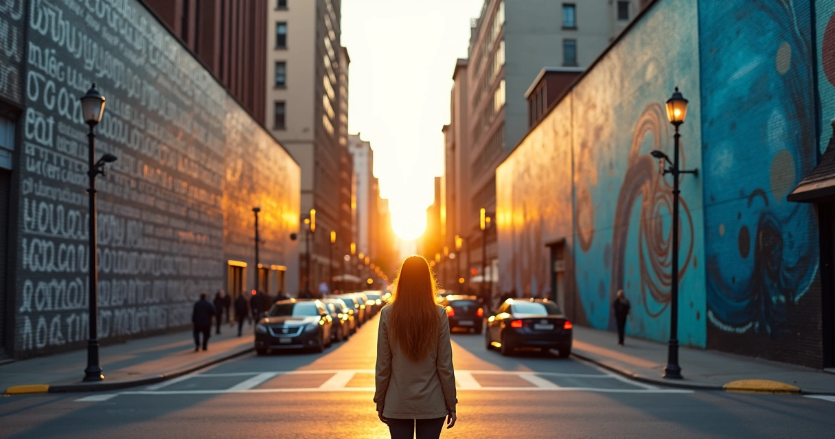 Mujer observando murales opuestos en una ciudad que simbolizan creencias sociales y expansión de conciencia 