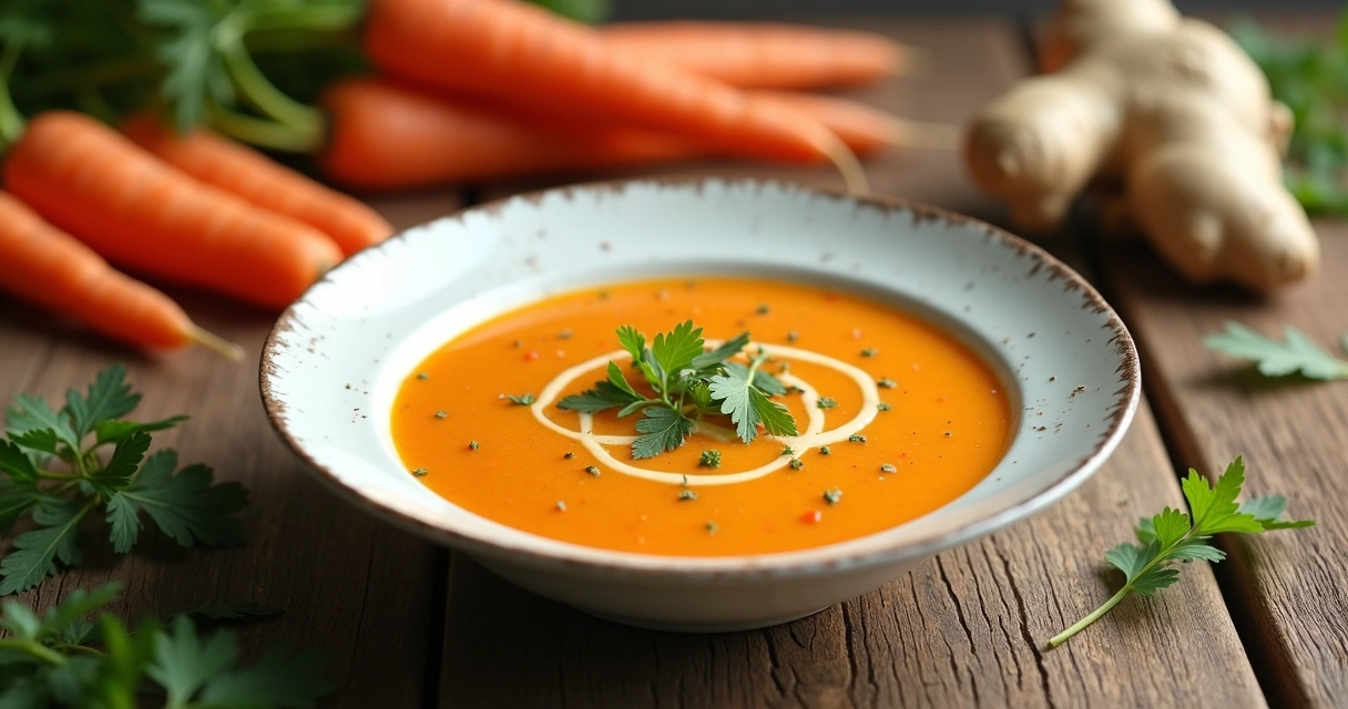 Creme detox de cenoura com pedaços de frango e gengibre em tigela branca sobre mesa rústica, acompanhado por cenouras frescas, gengibre e ervas verdes ao redor 