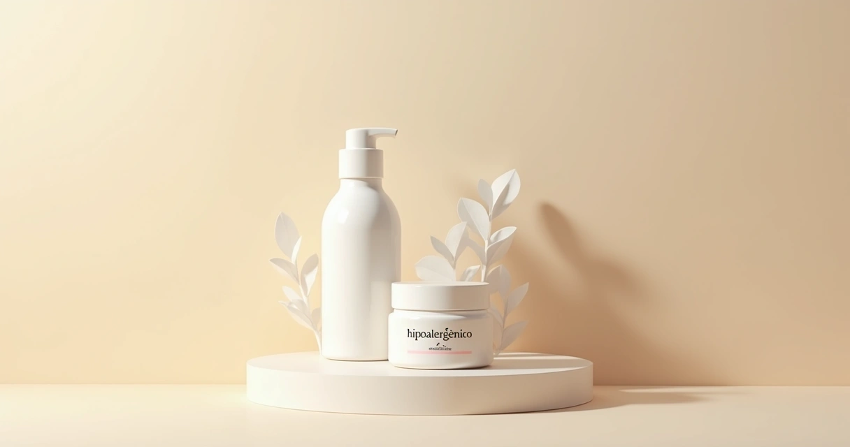 Frasco de creme facial minimalista em fundo neutro, foco em rótulo hipoalergênico 