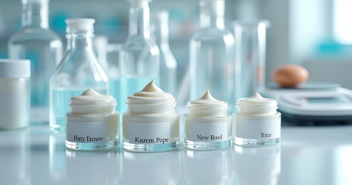 Frascos de creme manipulado com rótulos personalizados em bancada de farmácia com instrumentos farmacêuticos ao fundo 