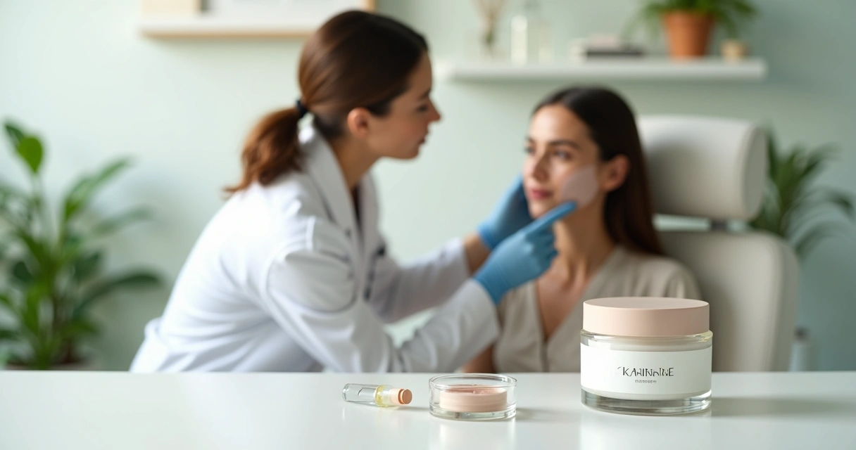Dermatologista analisando melasma no rosto de mulher com pote de creme manipulado ao lado 
