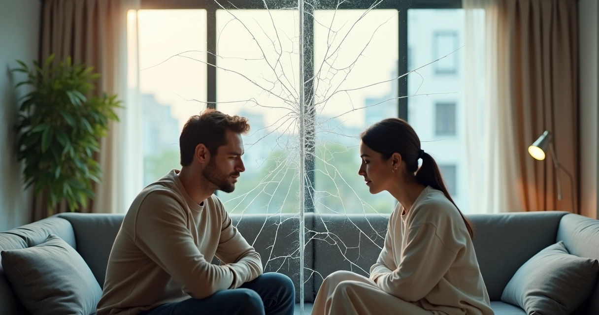 Casal separado por parede de vidro rachada simbolizando crenças cristalizadas 