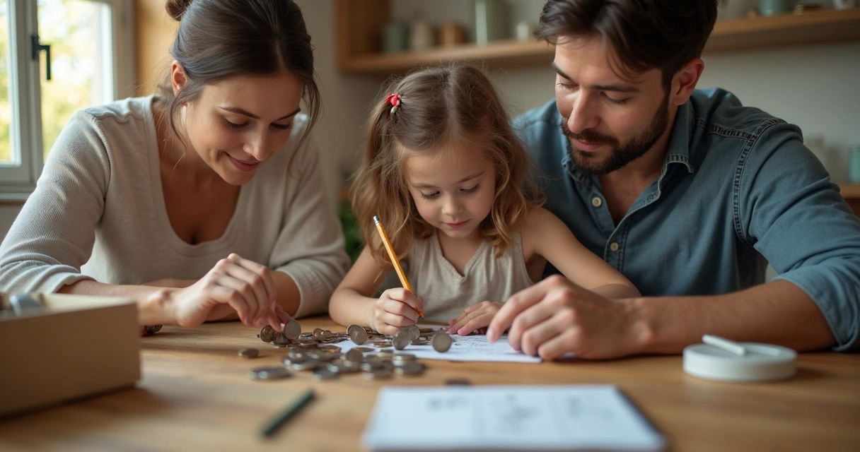Mãe, pai e filha pequena sentados à mesa separando moedas 
