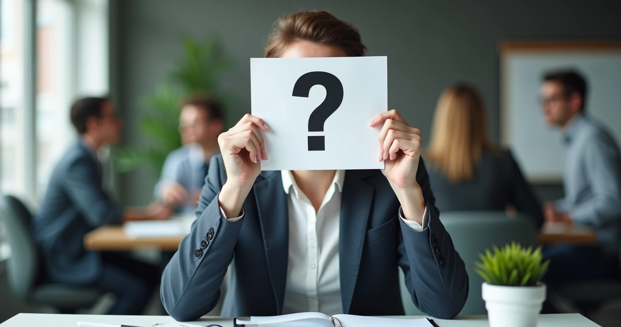 Profissional segurando uma folha na frente do rosto com ponto de interrogação