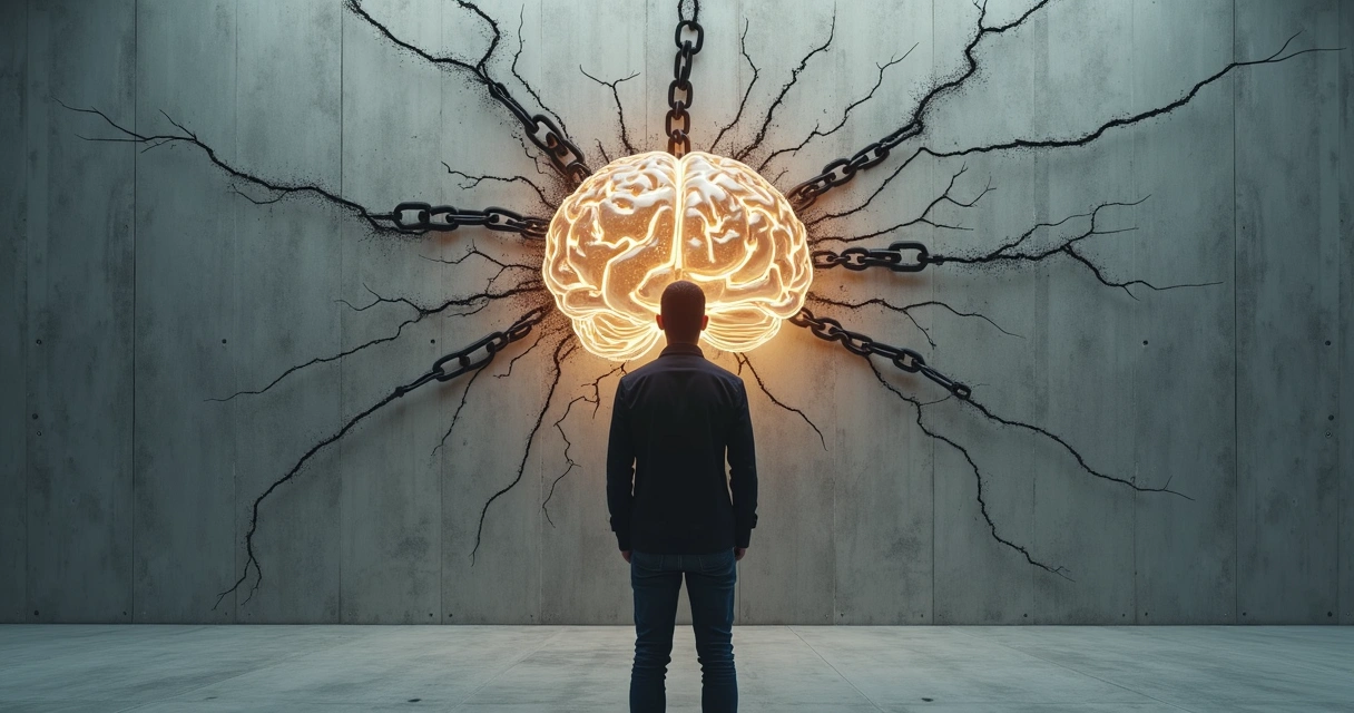 Pessoa em frente a parede rachada com correntes se quebrando ao redor da cabeça 