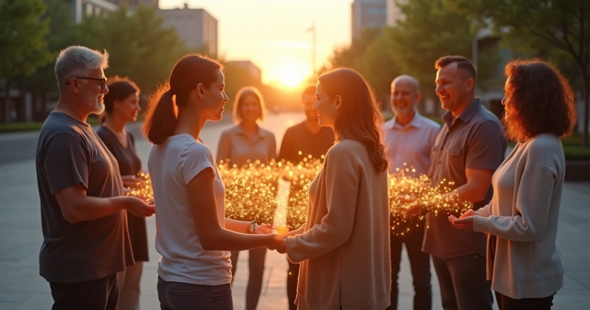 Grupo de pessoas em círculo conectado por luzes simbolizando crenças coletivas 