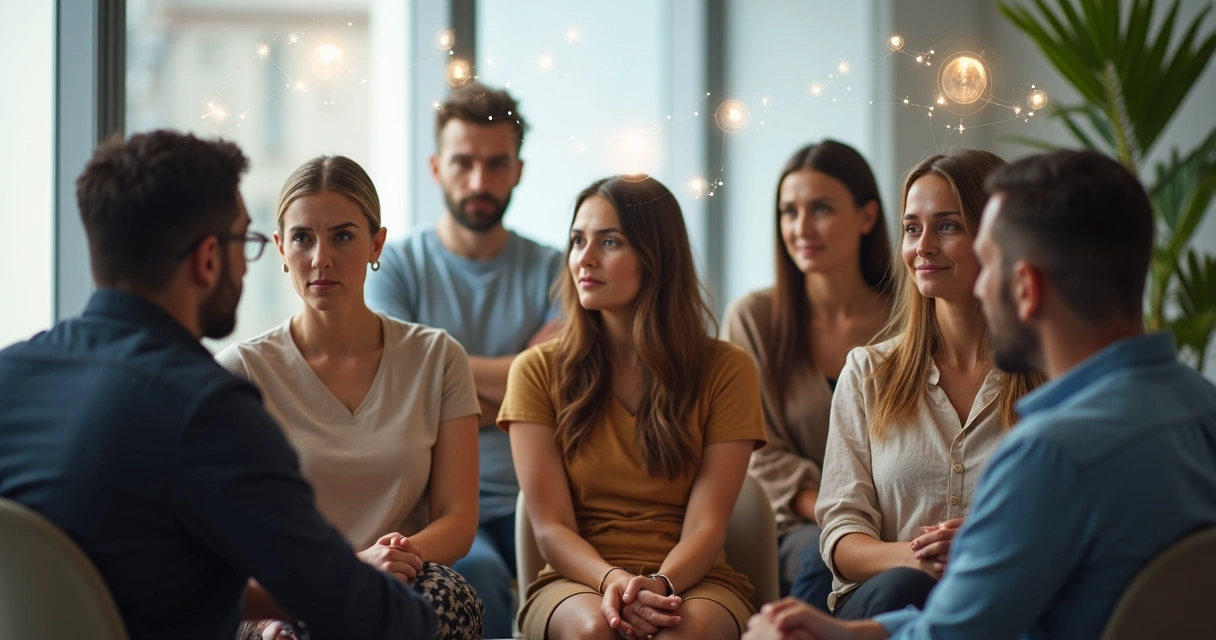 Grupo diverso de pessoas conectadas por formas de energia representando crenças coletivas 