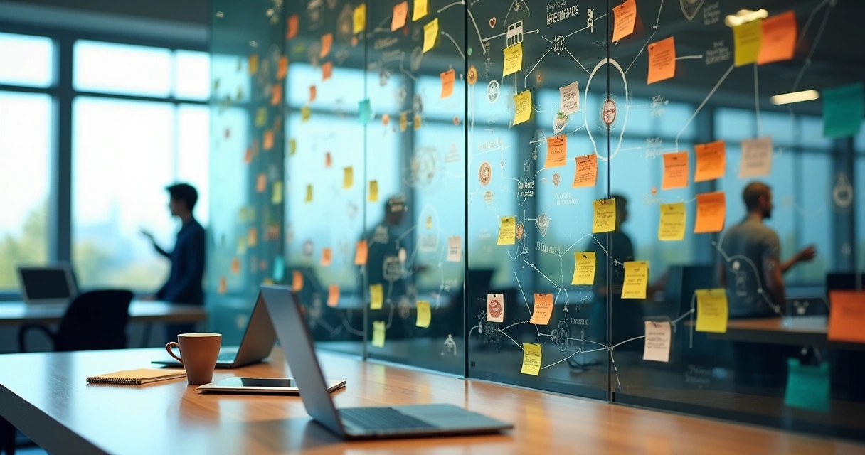 Mural de ícones conectados em escritório moderno simbolizando crenças coletivas 