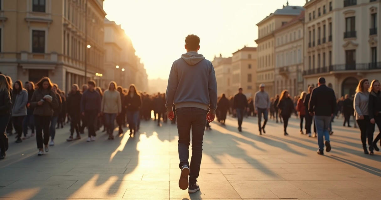 Pessoa caminhando em direção oposta à multidão em área urbana 