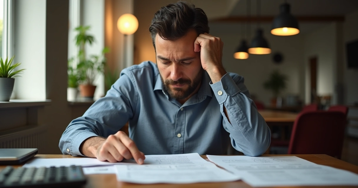 Homem sentado à mesa olhando documentos com expressão pensativa, calculadora ao lado 