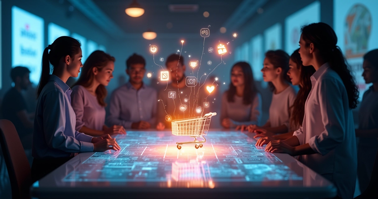 Grupo formando círculo em torno de mesa iluminada por projeções de ícones digitais 