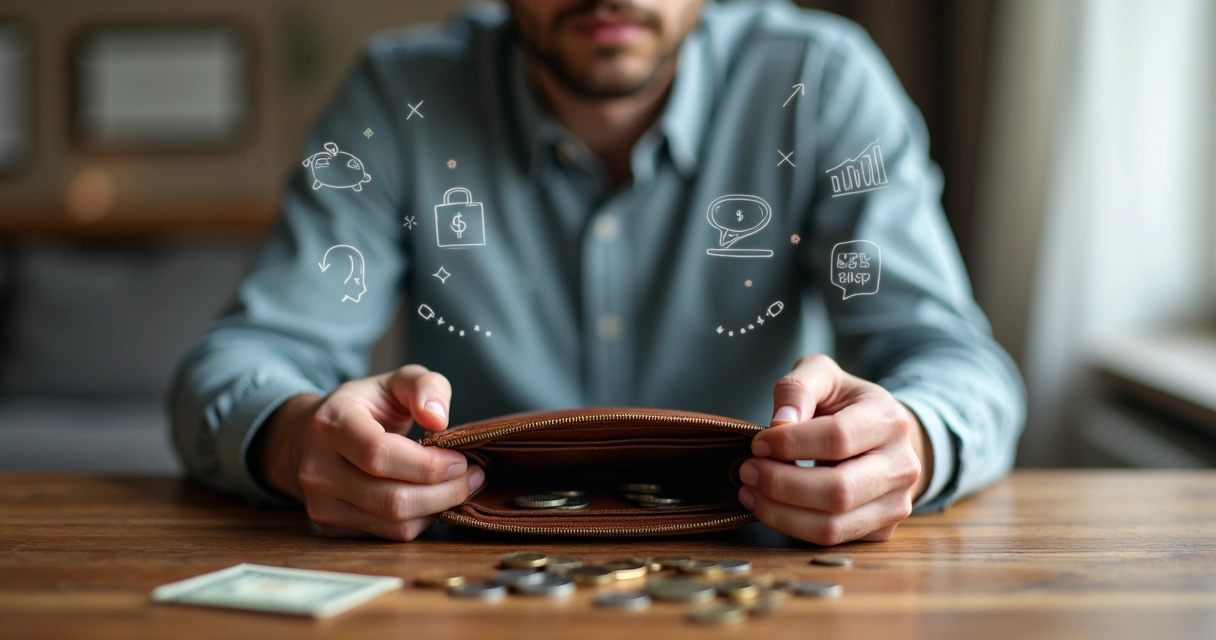 Pessoa observando carteira vazia com símbolos de escassez e abundância ao redor 