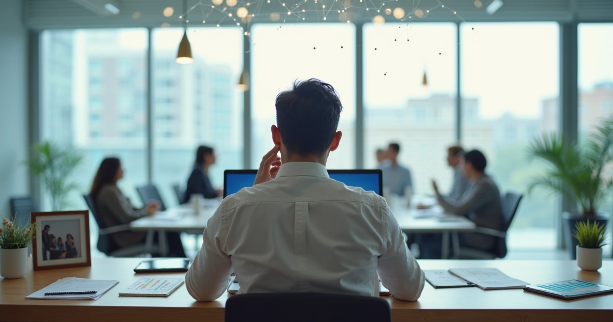 Profissional em escritório refletindo entre símbolos de família e trabalho 