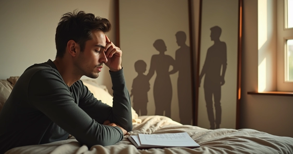 Pessoa refletindo em frente ao espelho com sombras de uma família ao fundo 