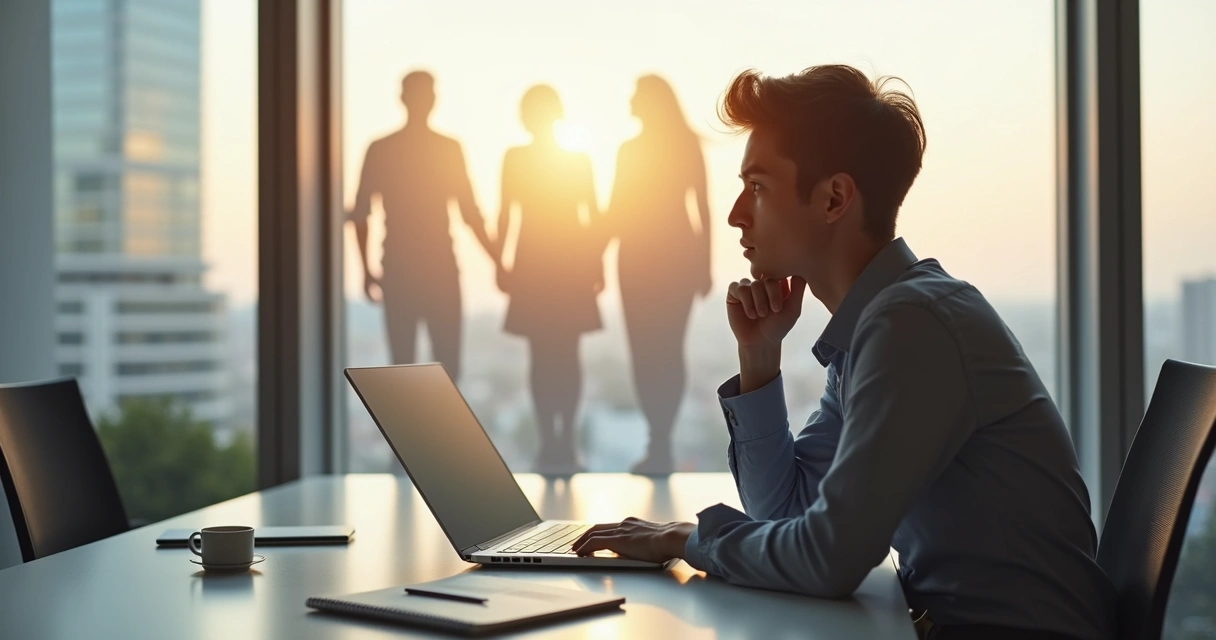 Profissional pensativo em escritório com silhuetas de familiares sobrepostas ao fundo 