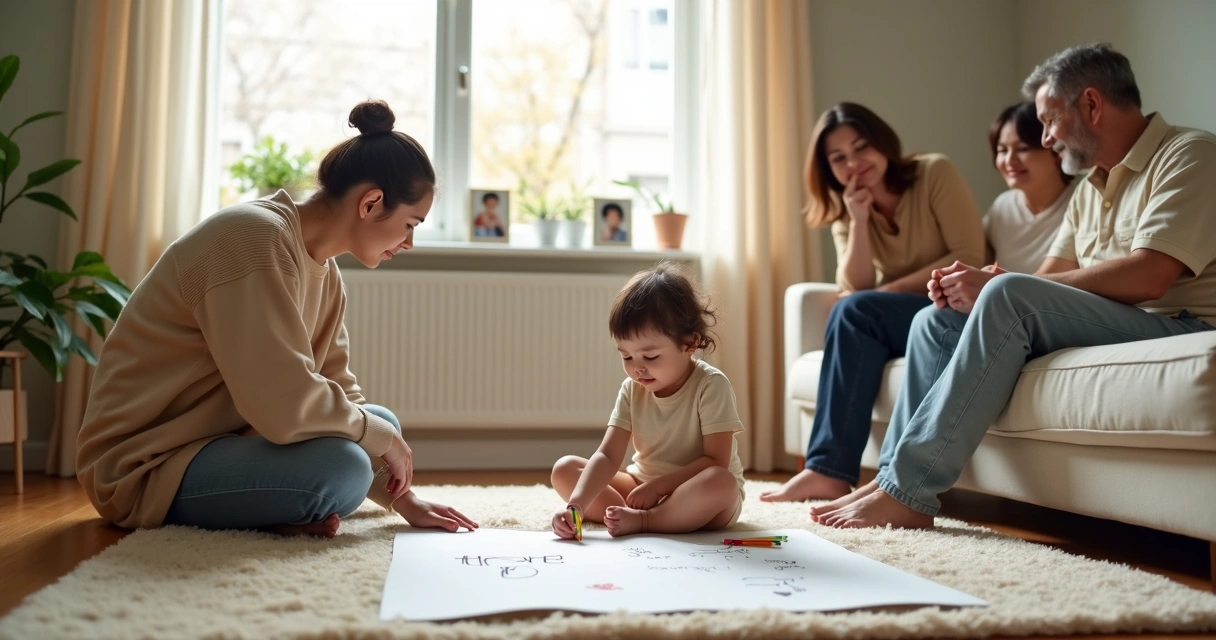 Família de três gerações em sala de estar observando uma criança pequena desenhar no chão 
