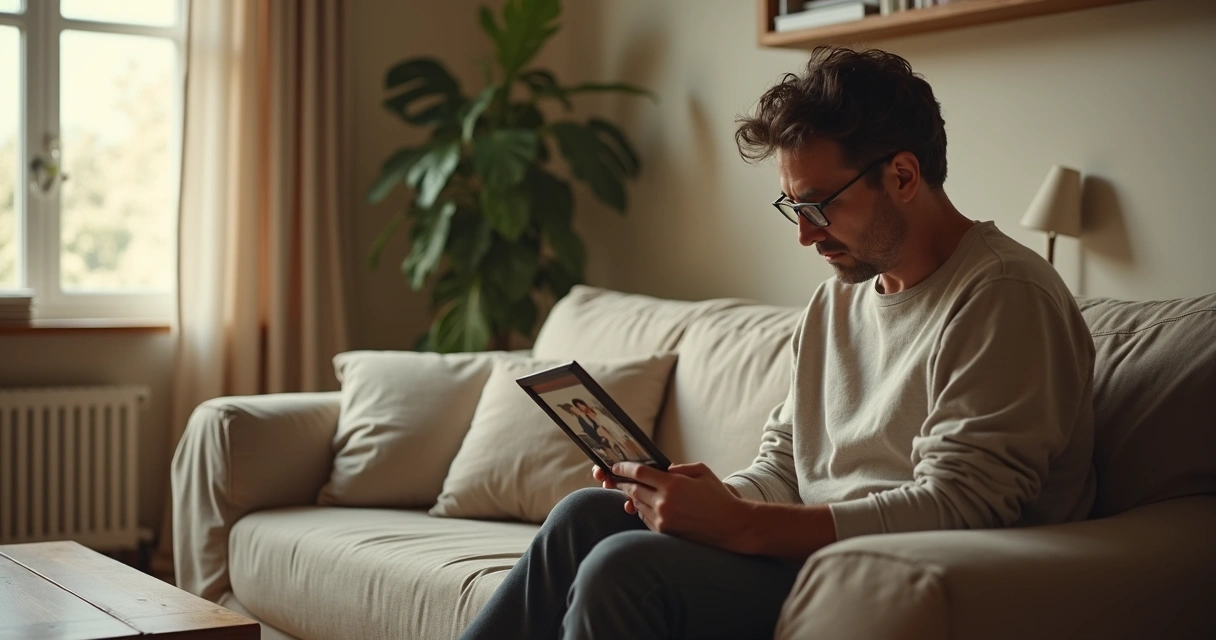 Adulto refletindo em sala de estar enquanto observa pais em foto antiga 
