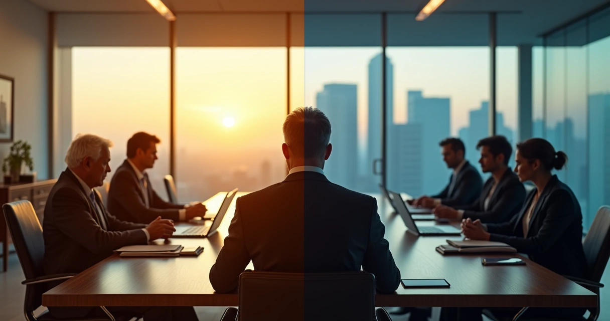 Executivo em sala de reunião dividido entre herança familiar e ética corporativa moderna 