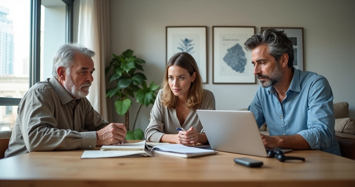 Três gerações de uma família em uma mesa discutindo trabalho e valores 