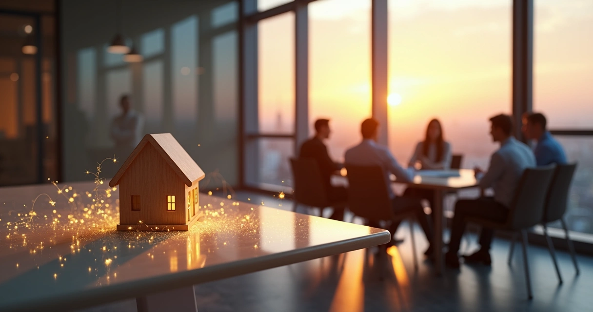 Dois ambientes ligados mostrando casa em miniatura conectada a sala de reunião corporativa 