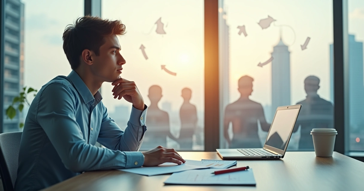 Profissional sentado em escritório moderno refletindo sobre caminhos da carreira 