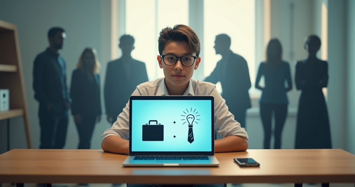 Jovem diante de encruzilhada profissional com silhuetas familiares ao fundo 