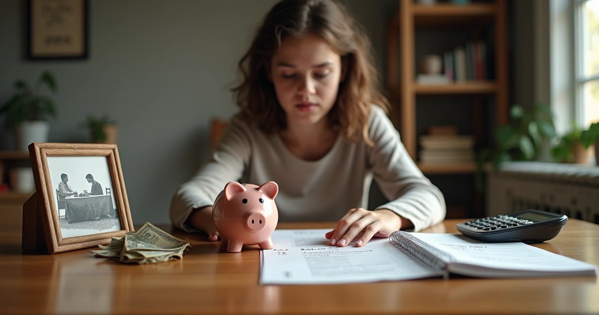 Pessoa adulta dividindo uma nota de dinheiro entre um cofre antigo e uma calculadora moderna 