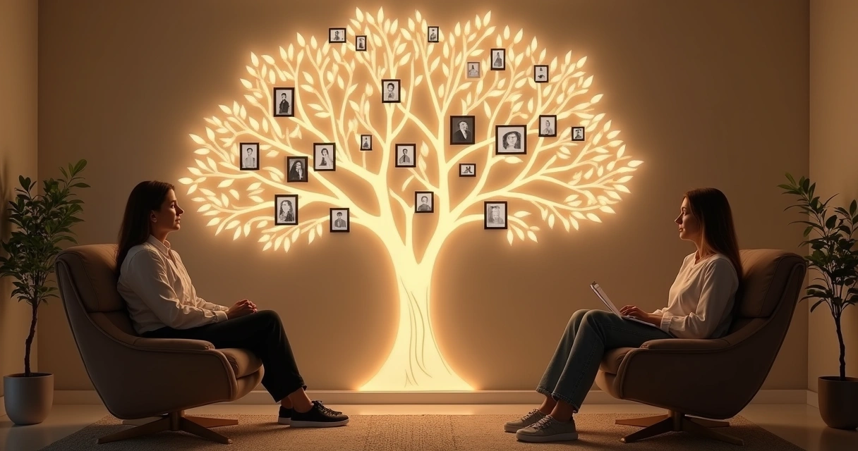 Pessoa em terapia observando árvore ancestral formada por fotos de família na parede 