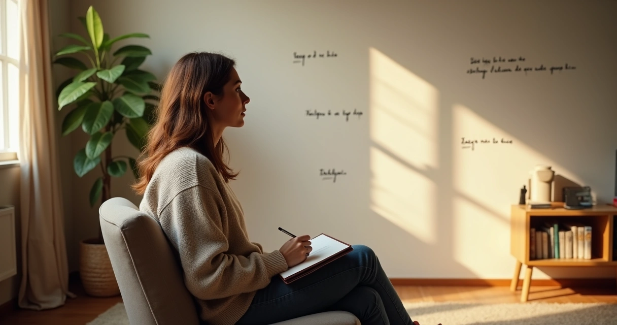 Adulto refletindo sobre crenças herdadas diante de parede com sombras de frases familiares 