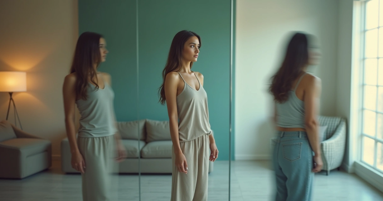 Pessoa diante de espelho com múltiplas reflexões simbolizando identidade e crenças 