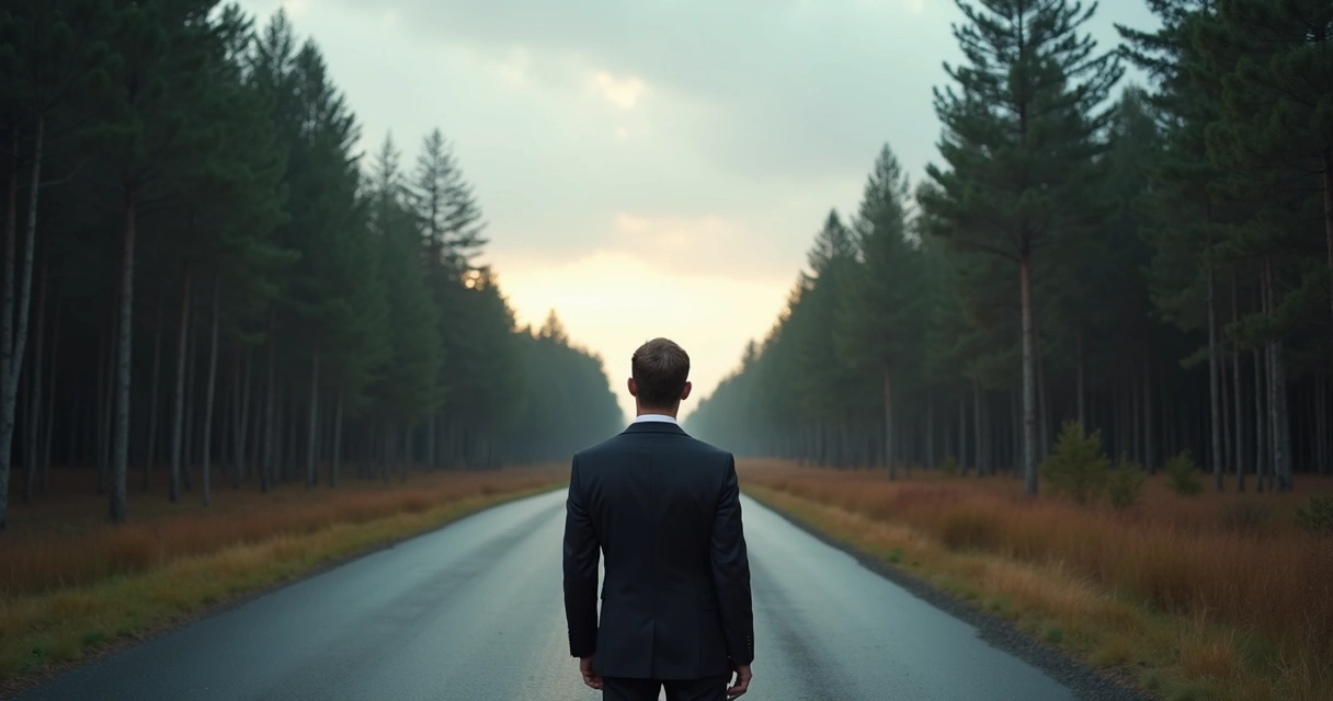 Homem parado diante de bifurcação na estrada, refletindo sobre dois caminhos diferentes 