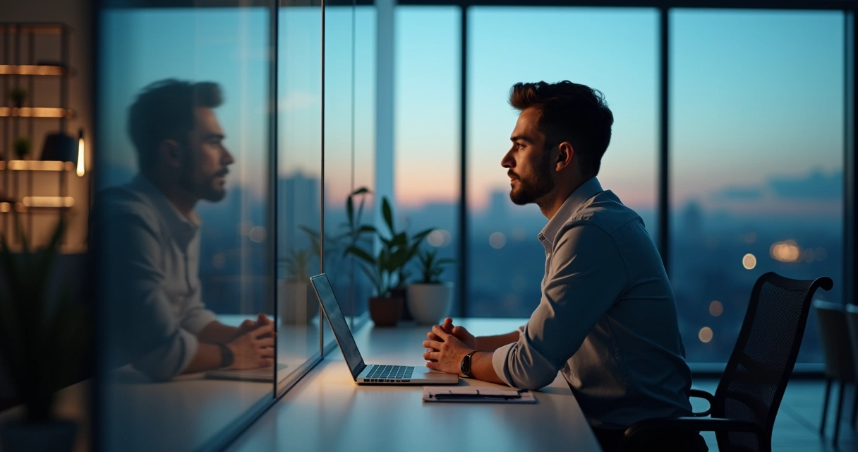 Profissional em escritório olhando reflexo com sombras de pensamentos ao fundo 