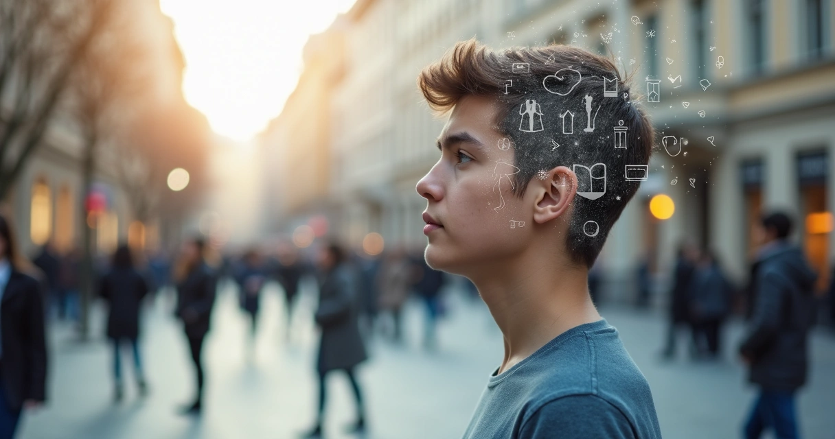 Pessoa em destaque cercada por silhuetas sociais e símbolos de pensamento inconsciente 