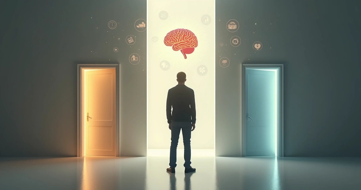 Pessoa em frente a duas portas simbolizando decisão guiada por crenças inconscientes 