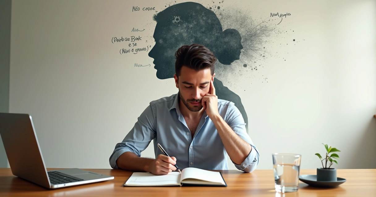 Pessoa refletindo diante de encruzilhada com silhuetas de pensamentos inconscientes 