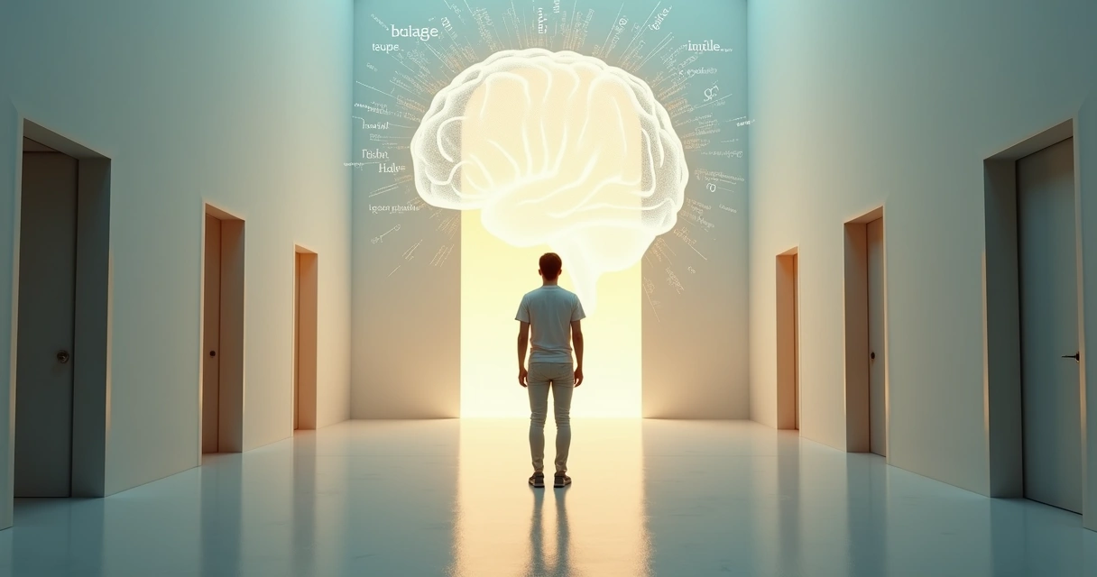 Pessoa diante de várias portas escolhendo caminho com silhueta de cérebro ao fundo 