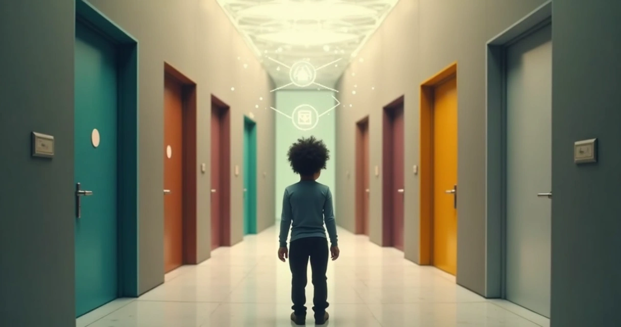 Pessoa diante de várias portas coloridas simbolizando escolhas influenciadas por crenças inconscientes 