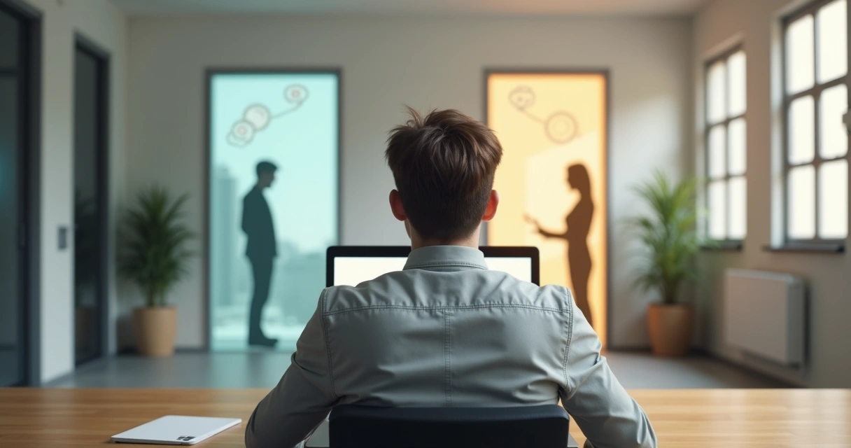 Profissional em escritório olhando duas portas diferentes simbolizando escolhas de carreira 