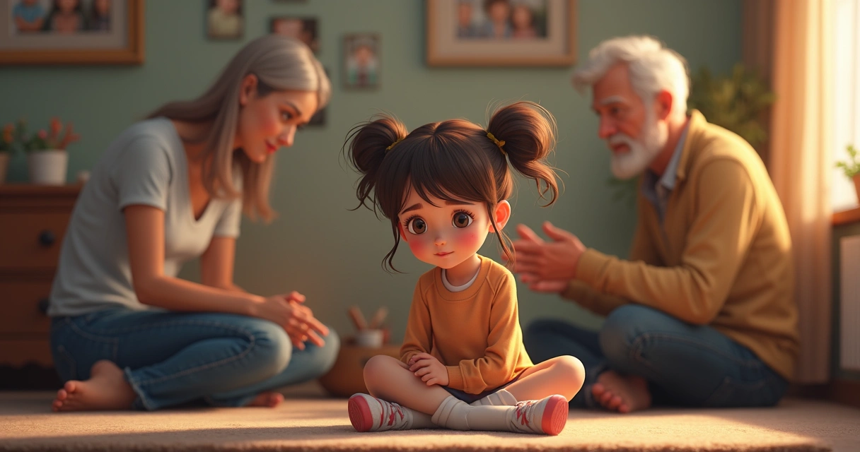 Criança sentada em frente a adultos discutindo, olhando para baixo 