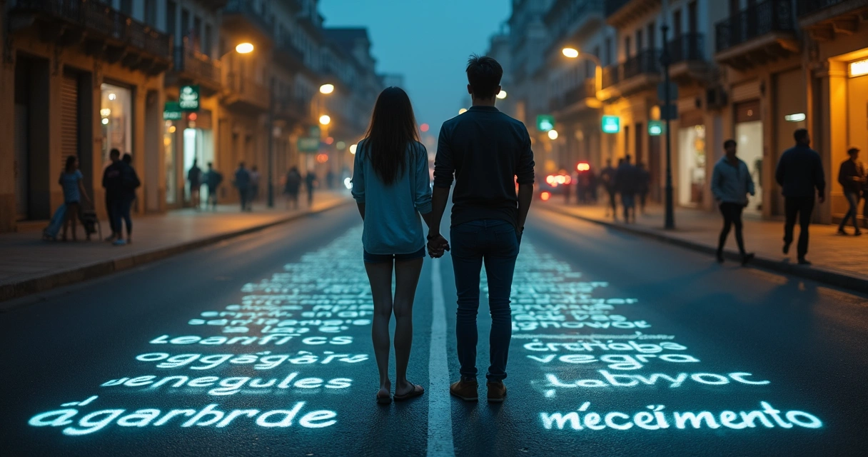 Casal de costas em rua noturna com palavras projetadas no chão 