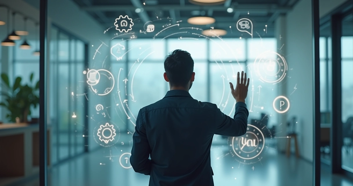 Pessoa olhando para um painel transparente com símbolos de mente e decisões interligados 