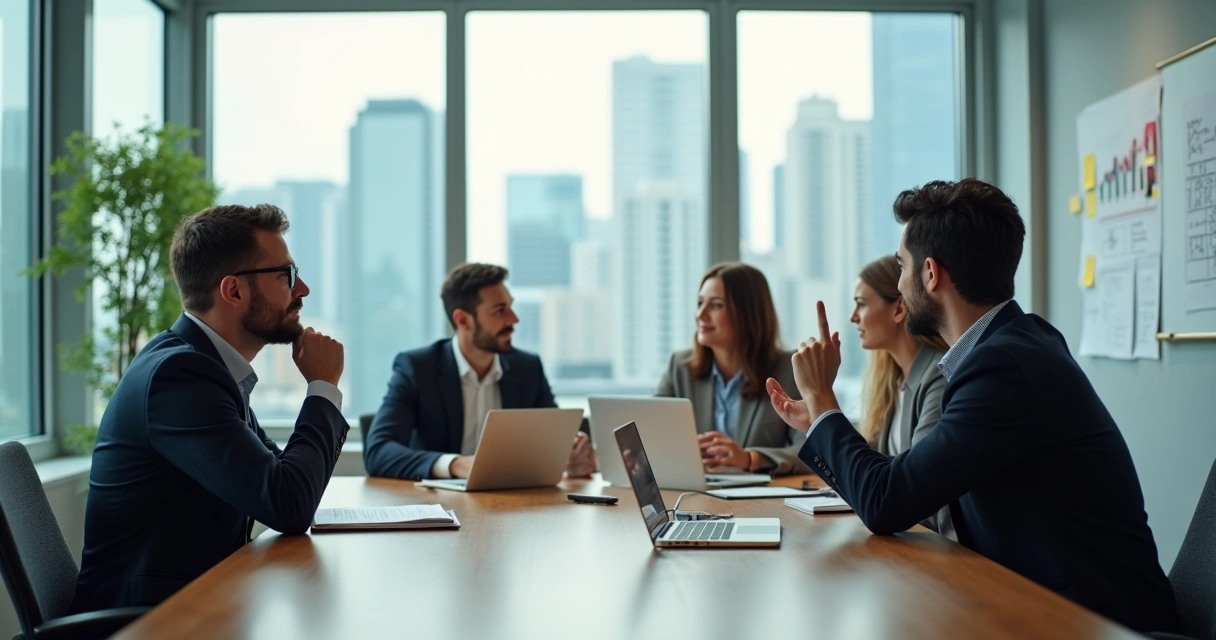 Profissional em reunião olhando pela janela refletindo enquanto colegas discutem em sala de reunião moderna 