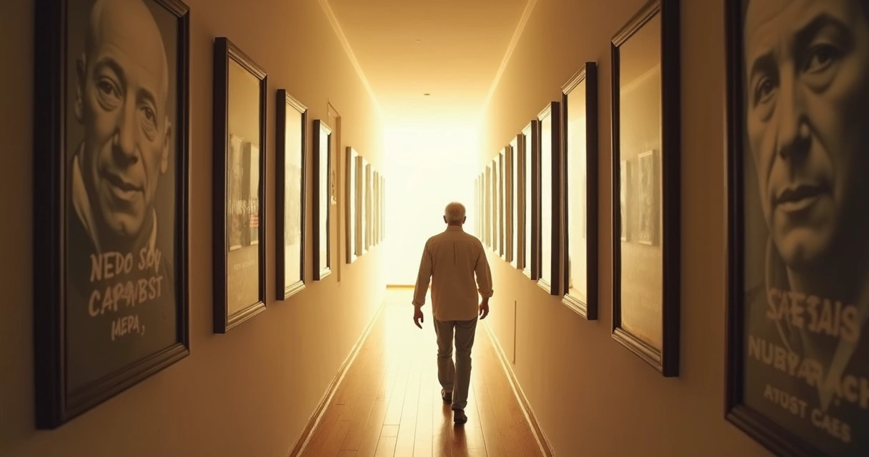 Pessoa caminhando por corredor formado por retratos de ancestrais desfocando ao fundo 