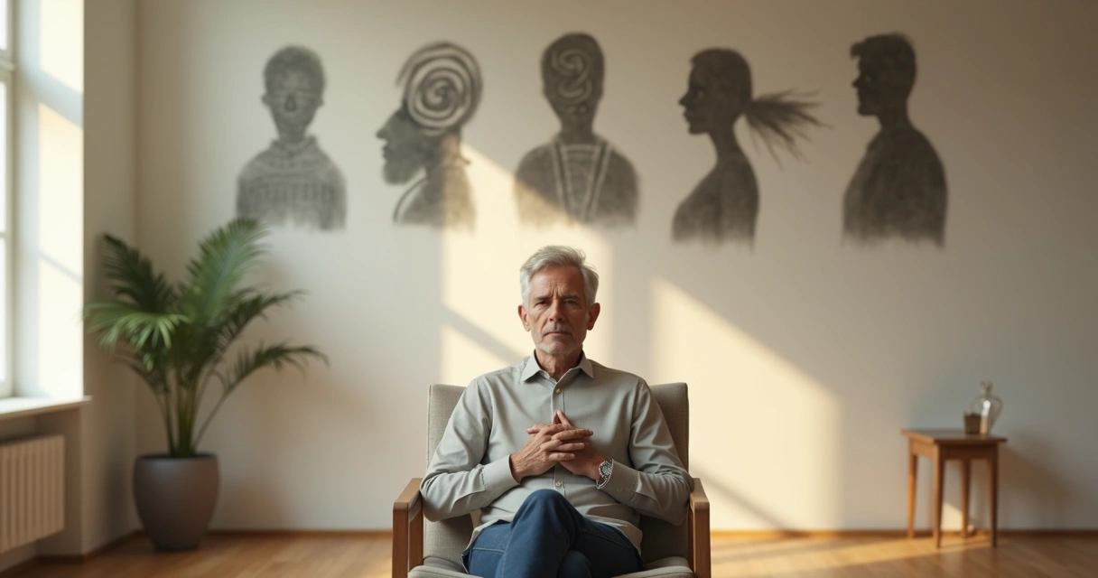 Pessoa refletindo diante de parede com sombras de pensamentos limitantes 