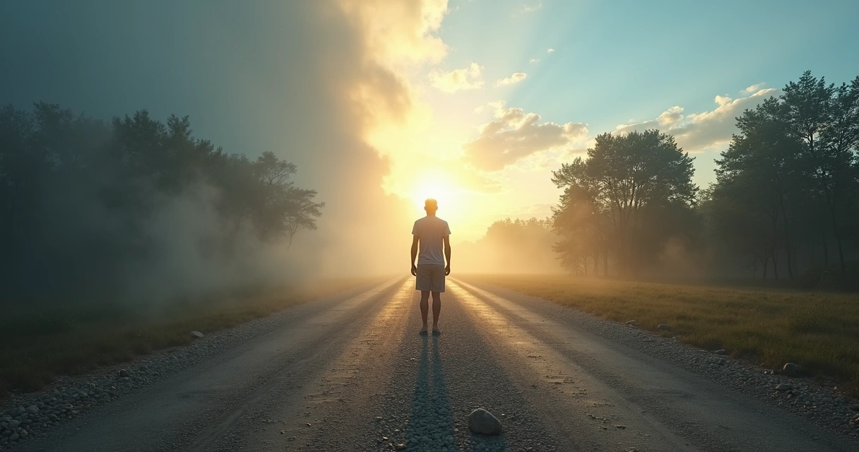 Pessoa diante de estrada dividida entre caminho escuro e caminho iluminado 