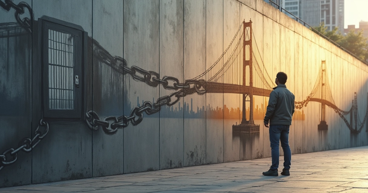 Pessoa diante de mural com grades se transformando em pontes e cidades ao fundo 