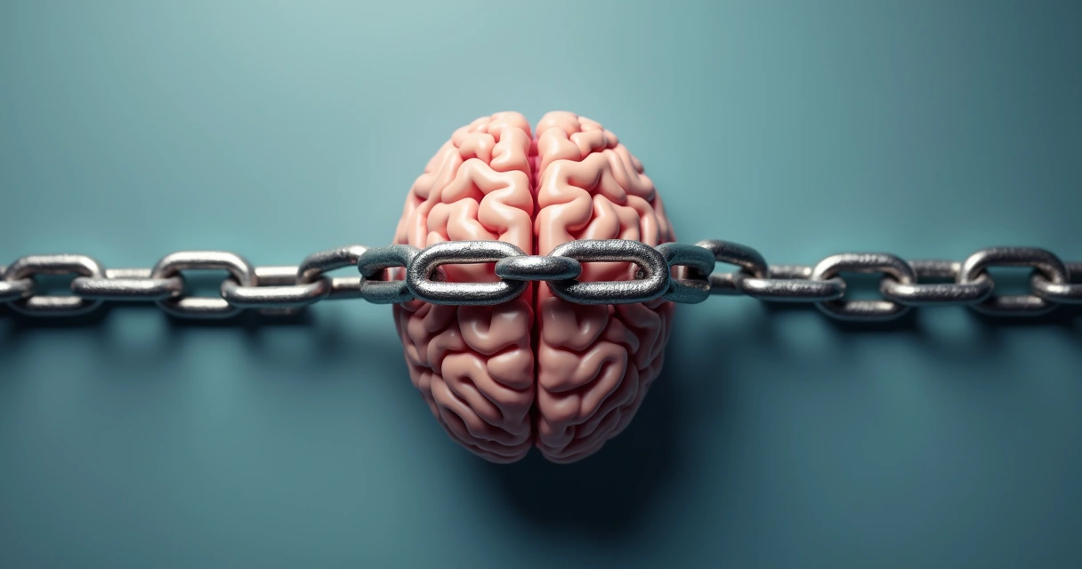 Corrente ao redor de um cérebro humano visto de cima, simbolizando limitação da mente 