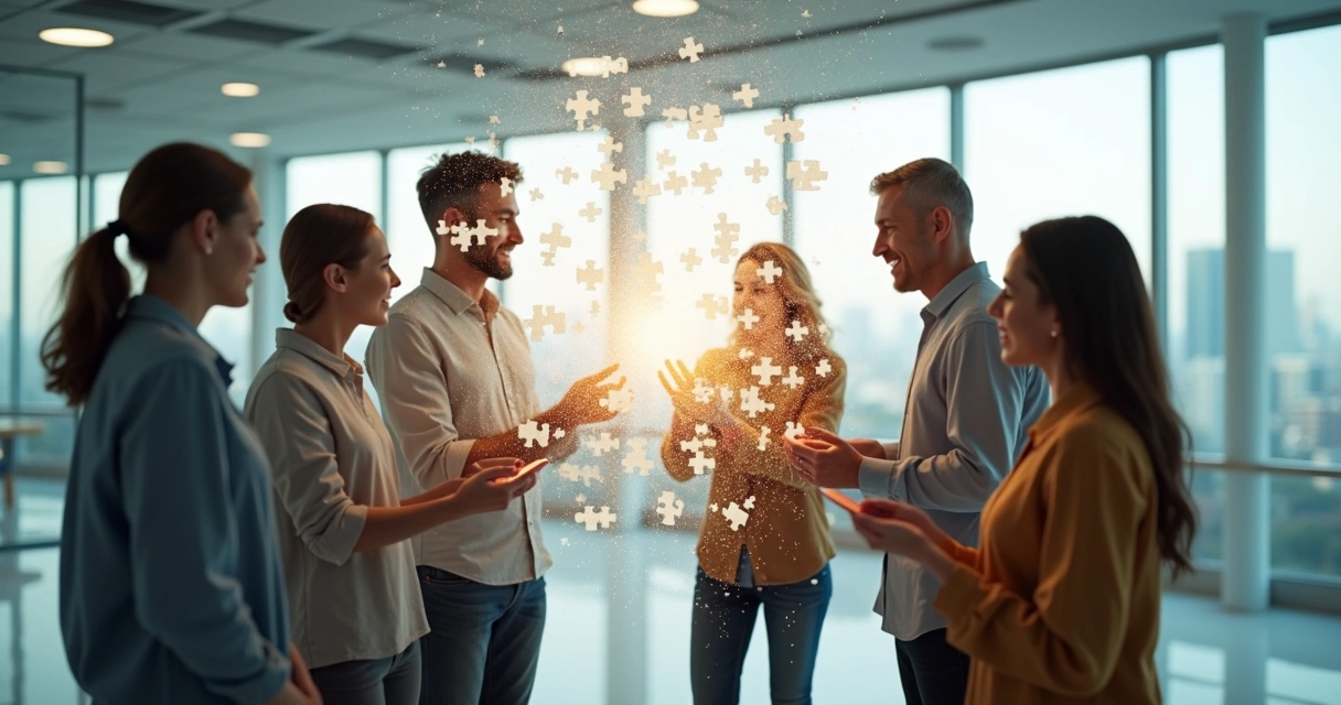 Grupo de pessoas conectando peças de quebra-cabeça diante de uma parede semi-transparente 