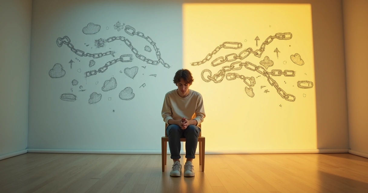 Pessoa refletindo diante de parede com desenhos de correntes se quebrando 
