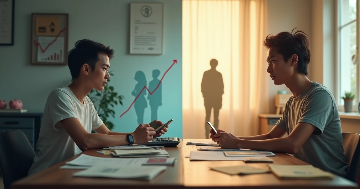 Pessoa dividida entre abundância financeira e medo de gastar dinheiro 